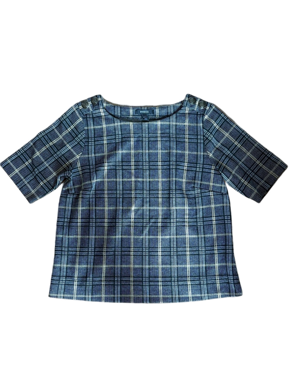 RW&CO. Navy and Cream Plaid Boatneck Tunic with Button Shoulders